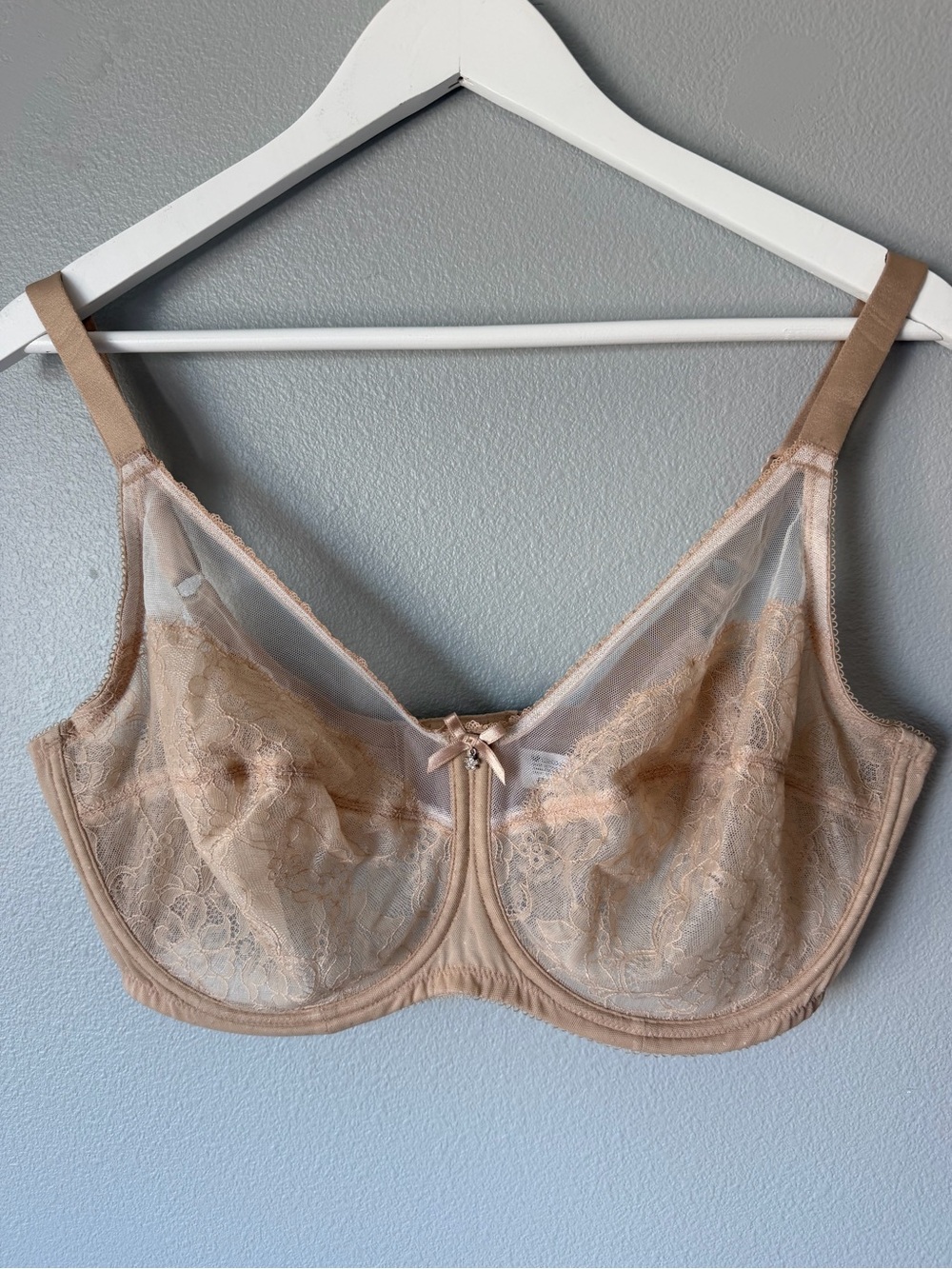 Wacoal nude tan sheer mesh lace Retro Chic underwire bra Women’s sz 40DDD